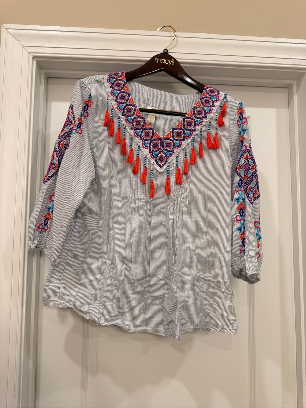 Embroidered V-Neck Tassel Women's Top - White with Multicolor Embroidery